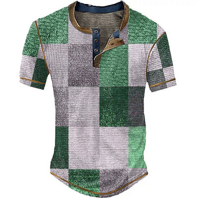 Vintage T-shirt za muškarce Pamučna majica s kariranim umjetnim patchwork grafičkim printom kratkih rukava Henley košulja Preveliki gornji dio muške odjeće