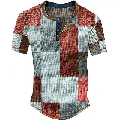 Vintage T-shirt za muškarce Pamučna majica s kariranim umjetnim patchwork grafičkim printom kratkih rukava Henley košulja Preveliki gornji dio muške odjeće