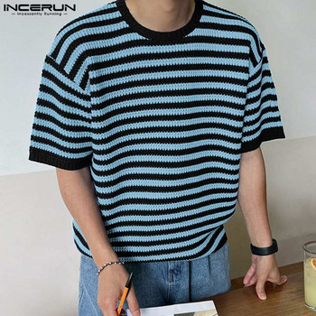 INCERUN Топове 2023 г. Мъжки плетени тениски с дизайн на райе в корейски стил Ежедневни улични мъжки горещи продавани О-образно деколте с къси ръкави S-5XL