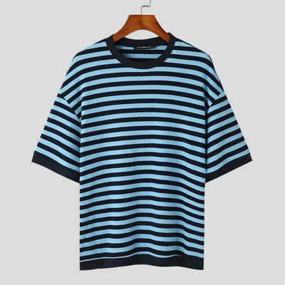 INCERUN μπλουζάκια 2023 Ανδρικά μπλουζάκια με πλεκτά ρίγες σε κορεατικό στυλ Casual Streetwear Ανδρικά Hot Selling με κοντομάνικο λαιμόκοψη S-5XL