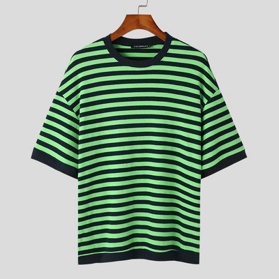 INCERUN μπλουζάκια 2023 Ανδρικά μπλουζάκια με πλεκτά ρίγες σε κορεατικό στυλ Casual Streetwear Ανδρικά Hot Selling με κοντομάνικο λαιμόκοψη S-5XL