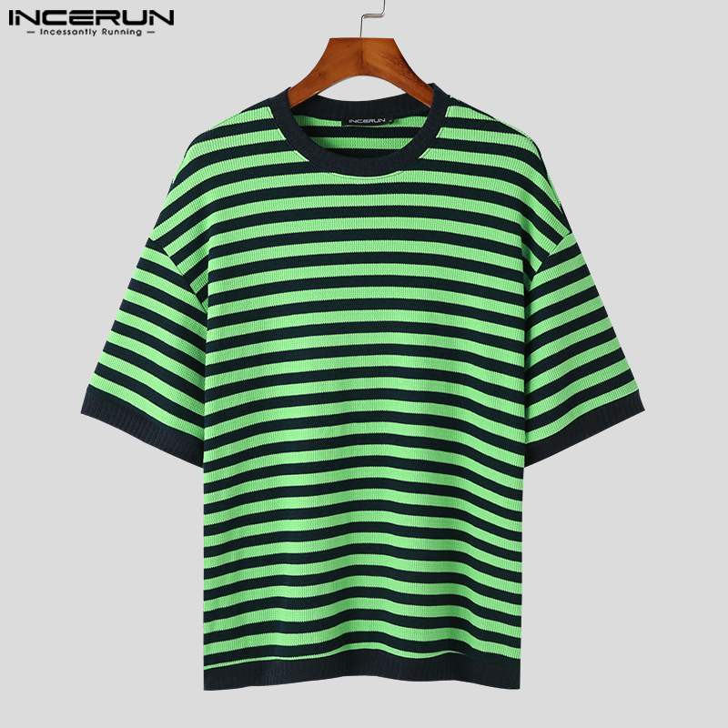 INCERUN μπλουζάκια 2023 Ανδρικά μπλουζάκια με πλεκτά ρίγες σε κορεατικό στυλ Casual Streetwear Ανδρικά Hot Selling με κοντομάνικο λαιμόκοψη S-5XL