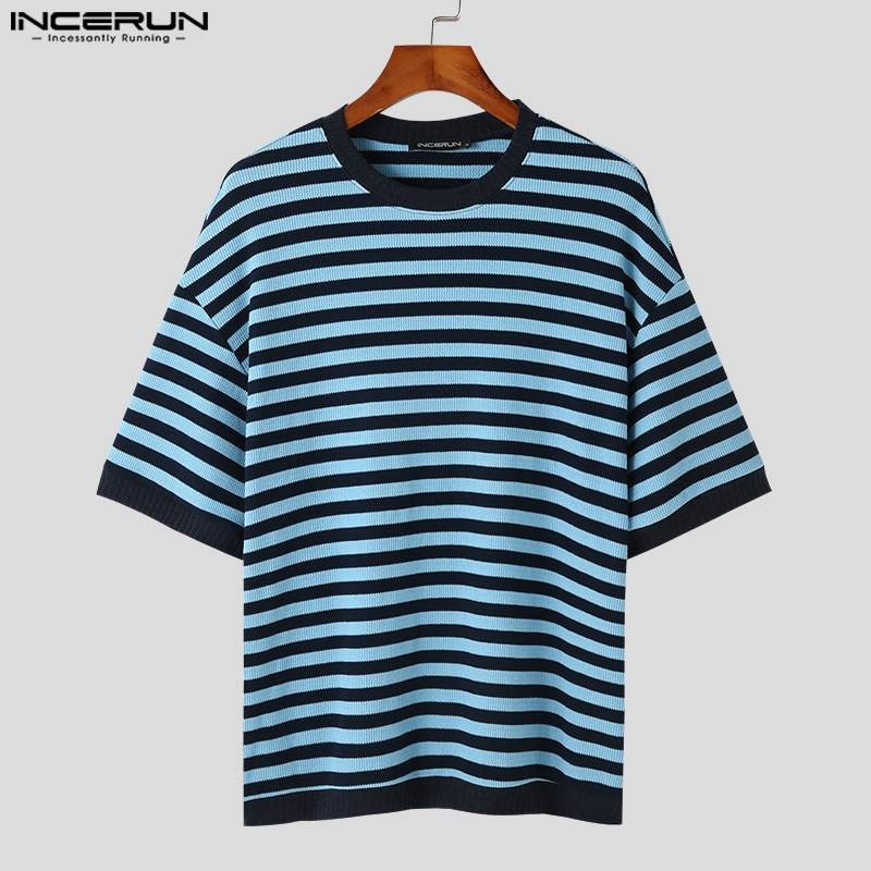 INCERUN μπλουζάκια 2023 Ανδρικά μπλουζάκια με πλεκτά ρίγες σε κορεατικό στυλ Casual Streetwear Ανδρικά Hot Selling με κοντομάνικο λαιμόκοψη S-5XL