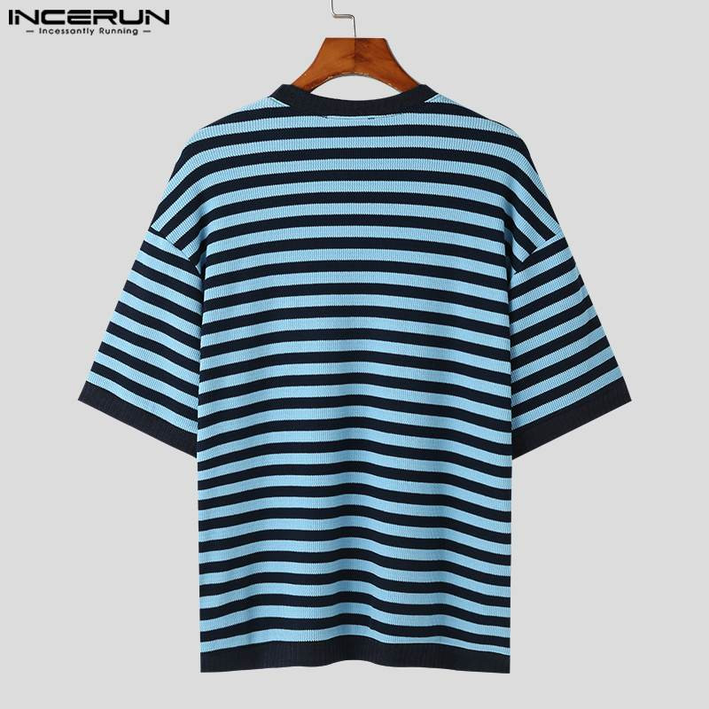 INCERUN μπλουζάκια 2023 Ανδρικά μπλουζάκια με πλεκτά ρίγες σε κορεατικό στυλ Casual Streetwear Ανδρικά Hot Selling με κοντομάνικο λαιμόκοψη S-5XL