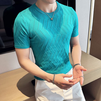 2023 Nové pánske tričká s krátkym rukávom, priedušné, voľnočasové, slim fit, s výstrihom do O-neck, pánska móda, pletené topy z ľadového hodvábu, veľkosť S-3XL