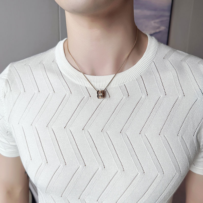 2023 Nové pánske tričká s krátkym rukávom, priedušné, voľnočasové, slim fit, s výstrihom do O-neck, pánska móda, pletené topy z ľadového hodvábu, veľkosť S-3XL