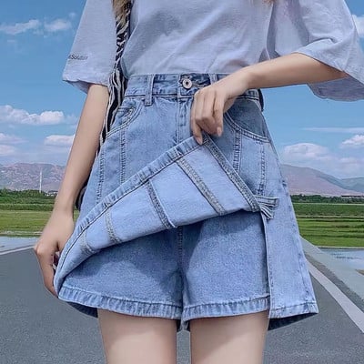 Denimseelik suvine uus korea versioon lahtine mitmekülgne üliõpilane Jean Culotte, väikesed naised, võlts, kaks A-kujulist kõrge vöökohaga lühikesed püksid seelikud