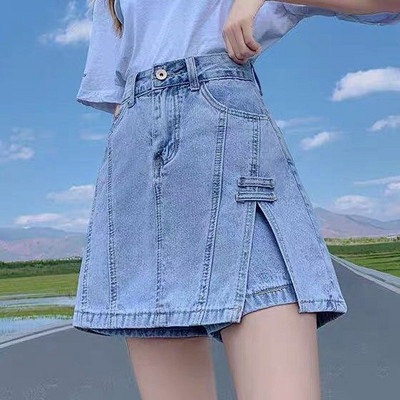 Denimseelik suvine uus korea versioon lahtine mitmekülgne üliõpilane Jean Culotte, väikesed naised, võlts, kaks A-kujulist kõrge vöökohaga lühikesed püksid seelikud