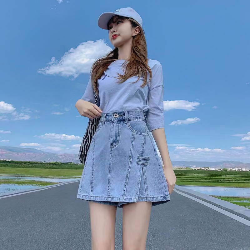 Denimseelik suvine uus korea versioon lahtine mitmekülgne üliõpilane Jean Culotte, väikesed naised, võlts, kaks A-kujulist kõrge vöökohaga lühikesed püksid seelikud