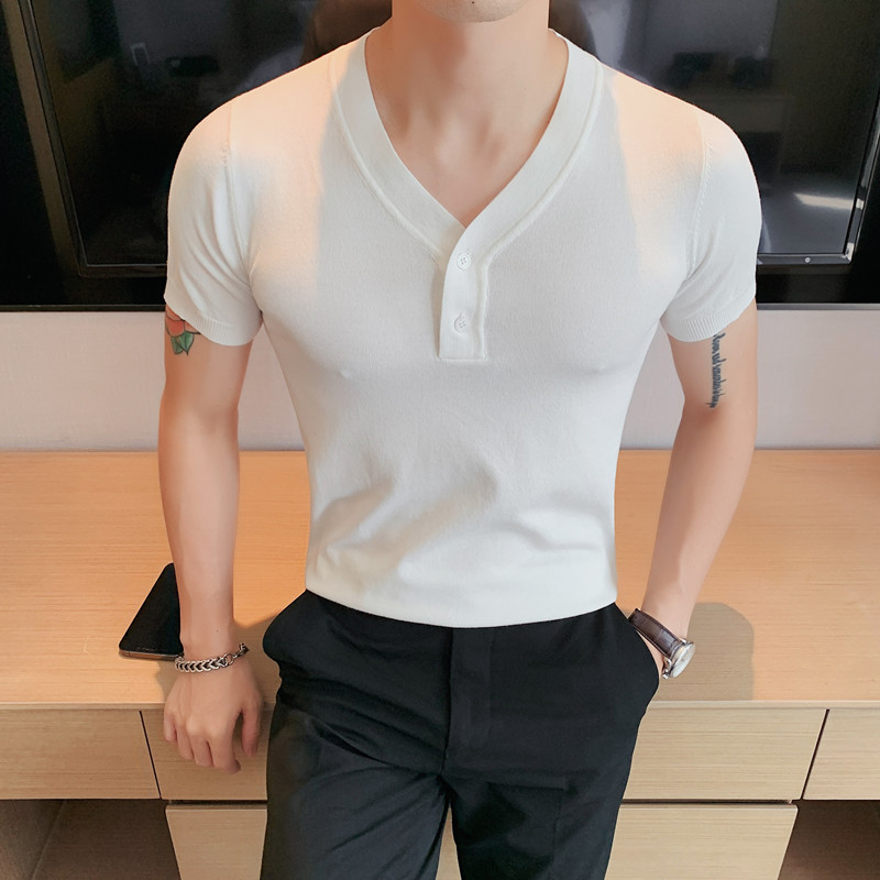 Ljeto za slobodno vrijeme u korejskom stilu 2022. za muškarce, majice kratkih rukava/muške uske majice s V-izrezom, poslovne ležerne majice/veća veličina S-4XL