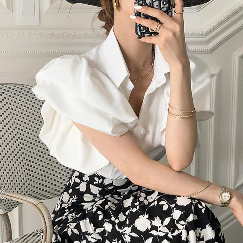 Gidyq Y2K Cămăși negre din șifon pentru femei la modă de vară Topuri elegante cu mâneci bufante, coreeană, toate se potrivesc pentru femei, bluză casual Nou