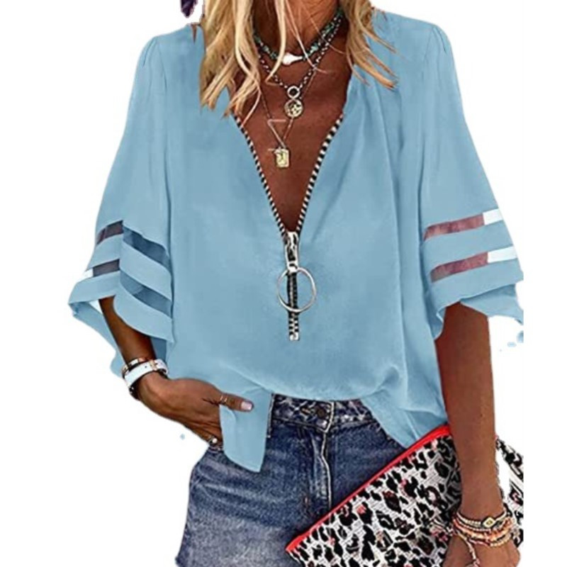Ležerna ženska majica, Ljeto 2023, seksi V-izrez, patentni zatvarač 3/4 širokih rukava, jednobojna široka bluza s krpama, ženska odjeća S-XXL