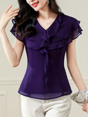QoerliN modna košulja kratkih rukava Ženska bluza Ljeto 2023. Nova ženska odjeća Ljubičasti francuski V-izrez Top od šifona s naborima S-3XL