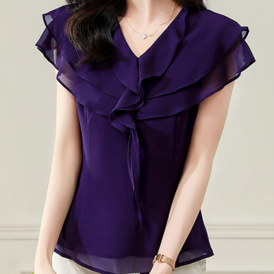 QoerliN modna košulja kratkih rukava Ženska bluza Ljeto 2023. Nova ženska odjeća Ljubičasti francuski V-izrez Top od šifona s naborima S-3XL