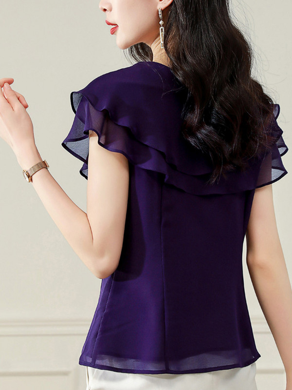 QoerliN modna košulja kratkih rukava Ženska bluza Ljeto 2023. Nova ženska odjeća Ljubičasti francuski V-izrez Top od šifona s naborima S-3XL