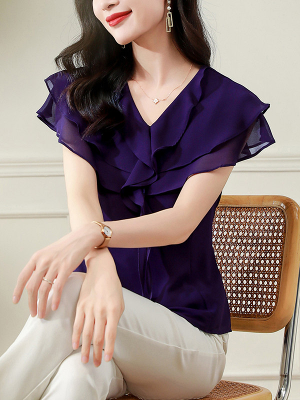QoerliN modna košulja kratkih rukava Ženska bluza Ljeto 2023. Nova ženska odjeća Ljubičasti francuski V-izrez Top od šifona s naborima S-3XL
