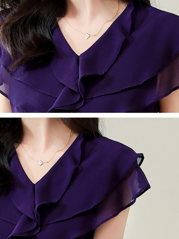QoerliN modna košulja kratkih rukava Ženska bluza Ljeto 2023. Nova ženska odjeća Ljubičasti francuski V-izrez Top od šifona s naborima S-3XL