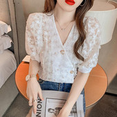 Γυναικείο πουκάμισο και μπλούζα με κουμπιά επάνω Γυναικεία μπλουζάκια V λαιμόκοψη για γυναίκες Δαντέλα Διαφανές κοντό μανίκι διαφανές S Χαριτωμένο και κομψό νεανικό