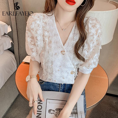 Γυναικείο πουκάμισο και μπλούζα με κουμπιά επάνω Γυναικεία μπλουζάκια V λαιμόκοψη για γυναίκες Δαντέλα Διαφανές κοντό μανίκι διαφανές S Χαριτωμένο και κομψό νεανικό