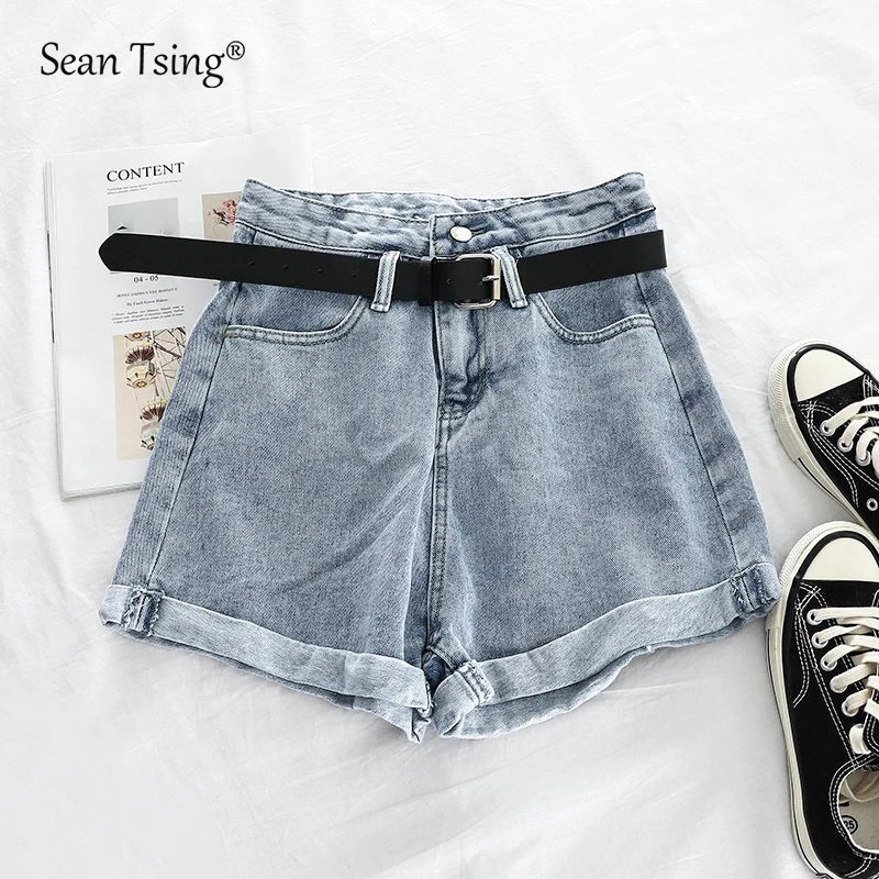 Sean Tsing® Ljeto 2023 Ženske traperice Kratke hlače Plave Crne Visokog struka Ležerna široka ulična odjeća Traper Vruće hlače Hlače s zaobljenim rubovima