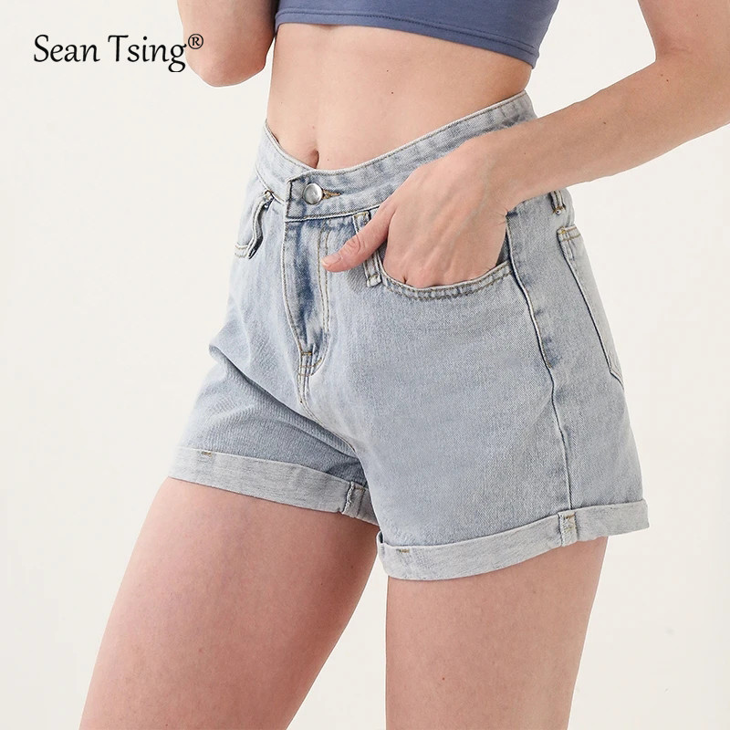 Sean Tsing® Ljeto 2023 Ženske traperice Kratke hlače Plave Crne Visokog struka Ležerna široka ulična odjeća Traper Vruće hlače Hlače s zaobljenim rubovima