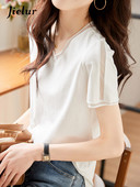 Jielur Ljetne bijele bluze kratkih rukava s V-izrezom New Fansion Elegantna tanka ženska bluza od šifona, jednobojna, jednostavne uredske dame