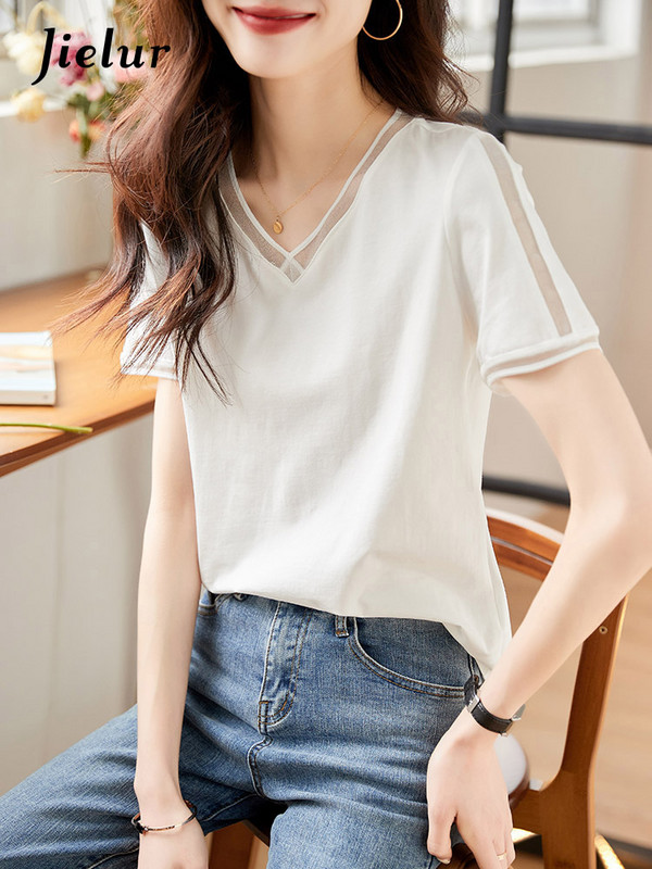 Jielur Ljetne bijele bluze kratkih rukava s V-izrezom New Fansion Elegantna tanka ženska bluza od šifona, jednobojna, jednostavne uredske dame