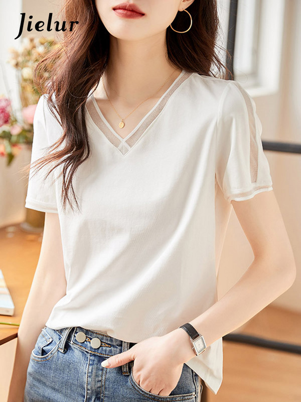 Jielur Ljetne bijele bluze kratkih rukava s V-izrezom New Fansion Elegantna tanka ženska bluza od šifona, jednobojna, jednostavne uredske dame