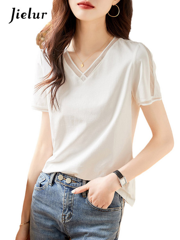 Jielur Ljetne bijele bluze kratkih rukava s V-izrezom New Fansion Elegantna tanka ženska bluza od šifona, jednobojna, jednostavne uredske dame