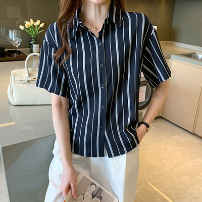 Jielur 2022. gada vasaras jauns, īsām piedurknēm, svītrains, brīvs krekls ikdienas biroja sievietēm, nolaižama apkakle, sieviešu Blusa S-2XL izmērs