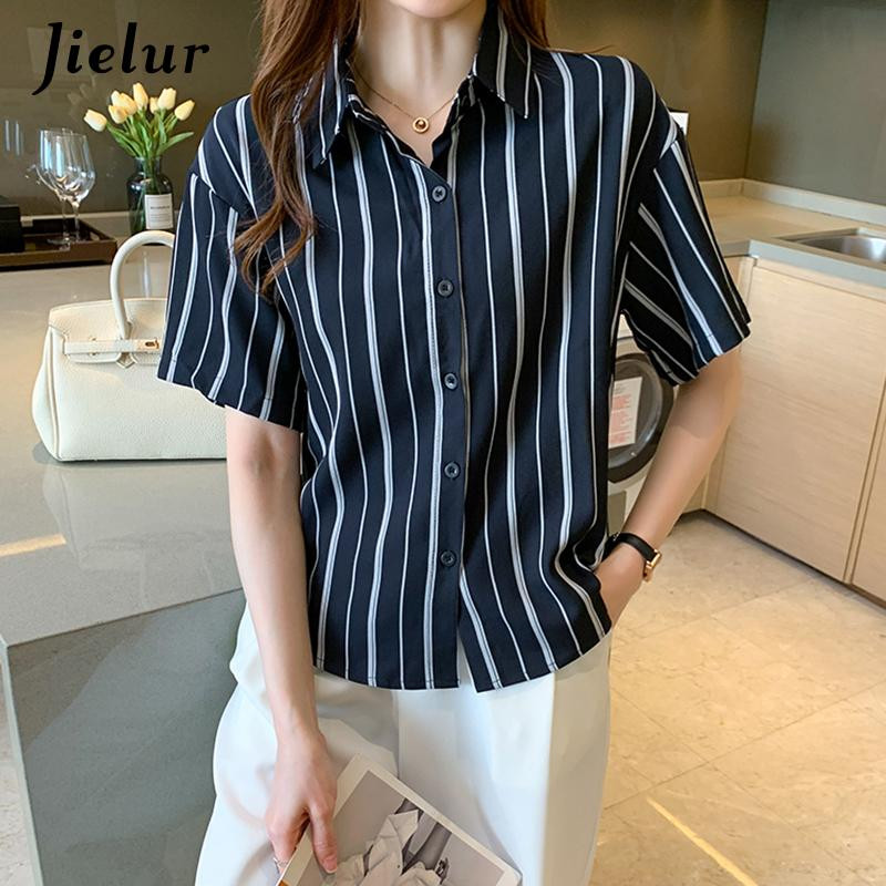 Jielur 2022. gada vasaras jauns, īsām piedurknēm, svītrains, brīvs krekls ikdienas biroja sievietēm, nolaižama apkakle, sieviešu Blusa S-2XL izmērs