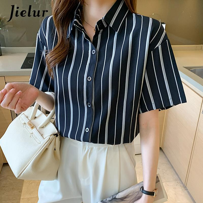Jielur 2022. gada vasaras jauns, īsām piedurknēm, svītrains, brīvs krekls ikdienas biroja sievietēm, nolaižama apkakle, sieviešu Blusa S-2XL izmērs
