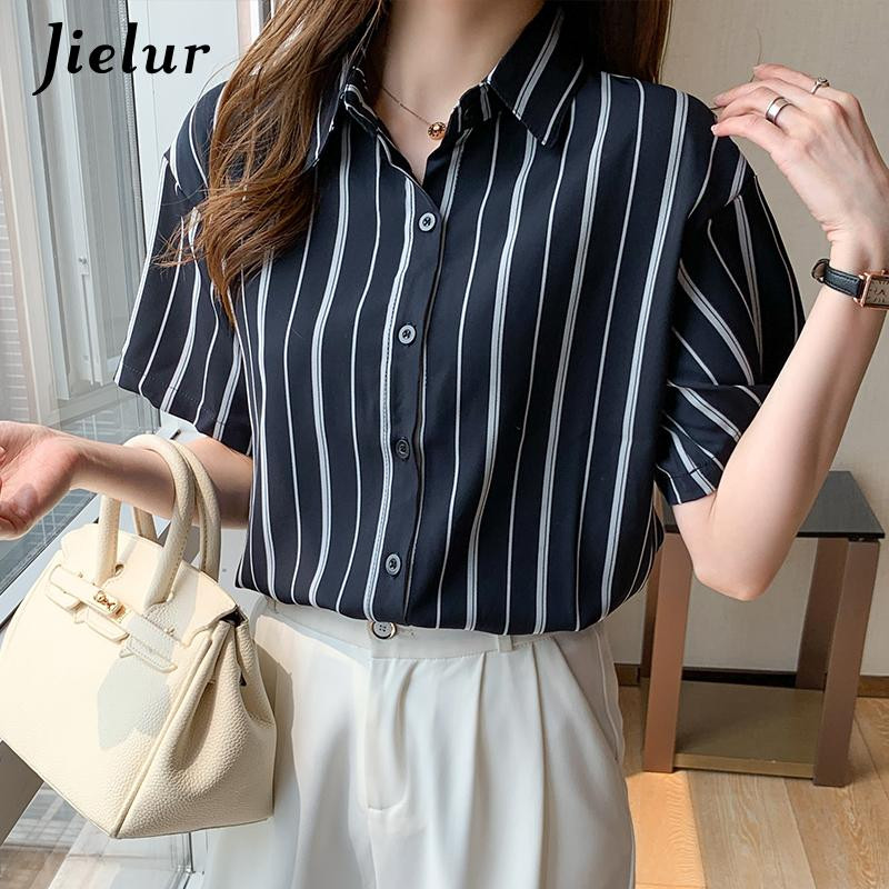 Jielur 2022. gada vasaras jauns, īsām piedurknēm, svītrains, brīvs krekls ikdienas biroja sievietēm, nolaižama apkakle, sieviešu Blusa S-2XL izmērs