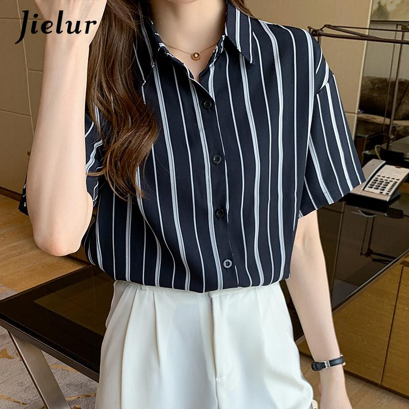 Jielur 2022. gada vasaras jauns, īsām piedurknēm, svītrains, brīvs krekls ikdienas biroja sievietēm, nolaižama apkakle, sieviešu Blusa S-2XL izmērs