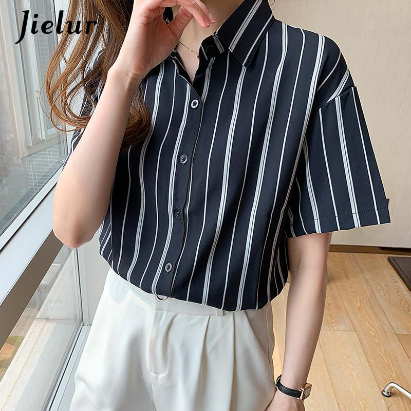 Jielur 2022. gada vasaras jauns, īsām piedurknēm, svītrains, brīvs krekls ikdienas biroja sievietēm, nolaižama apkakle, sieviešu Blusa S-2XL izmērs