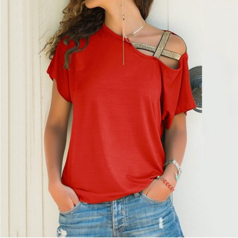 S-5XL női ferde nyakú, szabálytalan keresztezett blúz patchwork tömör felsők Blusa Femme egy vállú nyári ing üreges
