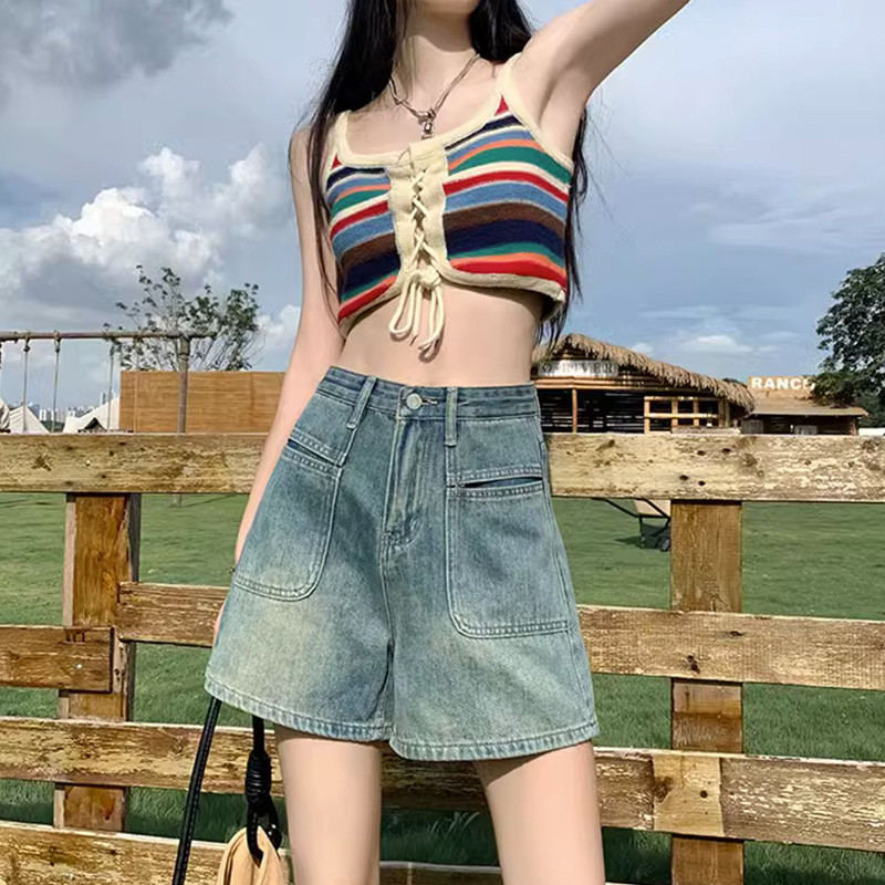 Nove traper kratke hlače visokog struka za žene široke 2024. Retro široke hlače ravnih nogavica Ženske minimalističke plave traperice s džepovima