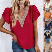 Bluză elegantă pentru femei Cămașă la modă 2024 de vară petală solidă cu mânecă scurtă cu panou din dantelă pentru femeie cămașă din șifon pentru navetiști la birou S