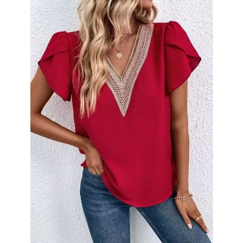 Bluză elegantă pentru femei Cămașă la modă 2024 de vară petală solidă cu mânecă scurtă cu panou din dantelă pentru femeie cămașă din șifon pentru navetiști la birou S