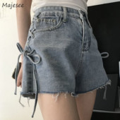 S-5XL Šorti Sieviešu džinsa ikdienišķa pārsējs Unikāls korejiešu stila augsts viduklis Modes bantītes dizains Elegans vasaras universāls ielu apģērbs