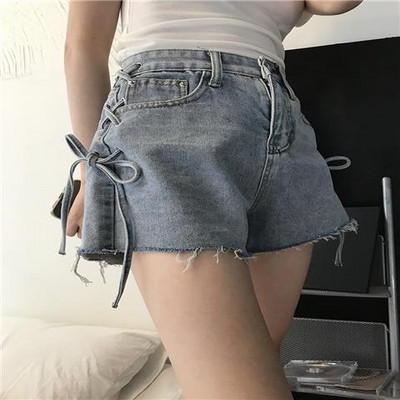 S-5XL Šorti Sieviešu džinsa ikdienišķa pārsējs Unikāls korejiešu stila augsts viduklis Modes bantītes dizains Elegans vasaras universāls ielu apģērbs