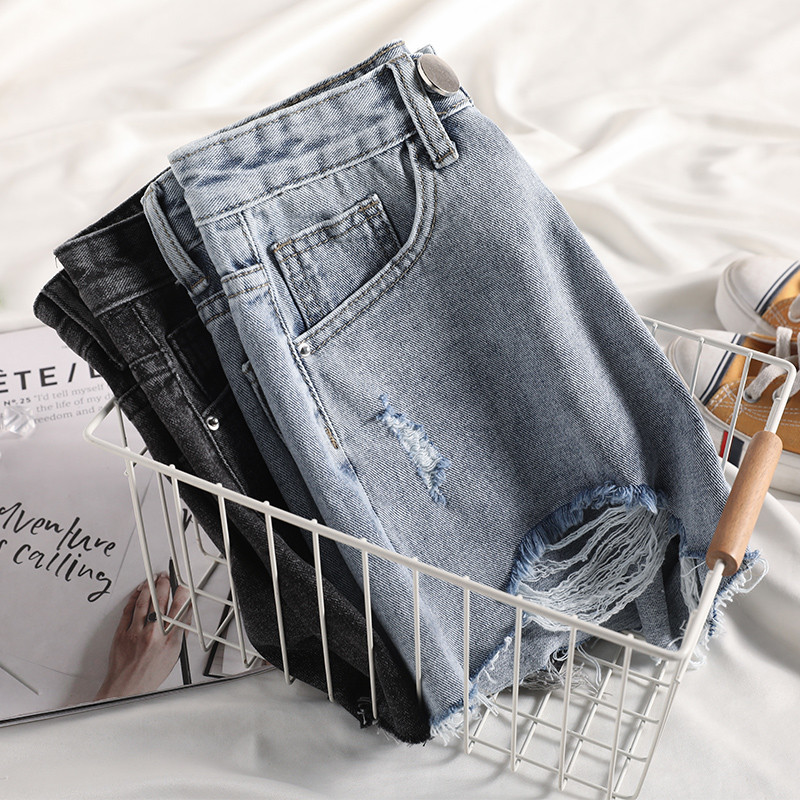 Pantaloni scurți din blugi rupti cu talie înaltă pentru femei pentru femei, vară, versiune coreeană, cu margine brută, pantaloni scurți largi, cu picior largi, S-5XL