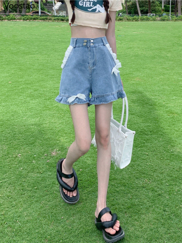 Slatke čipkane traper kratke hlače širokih nogavica Ljetne ženske chic visokog struka Kawaii Lolita mašna Široke kratke hlače Ženske seksi ležerne Y2K traperice