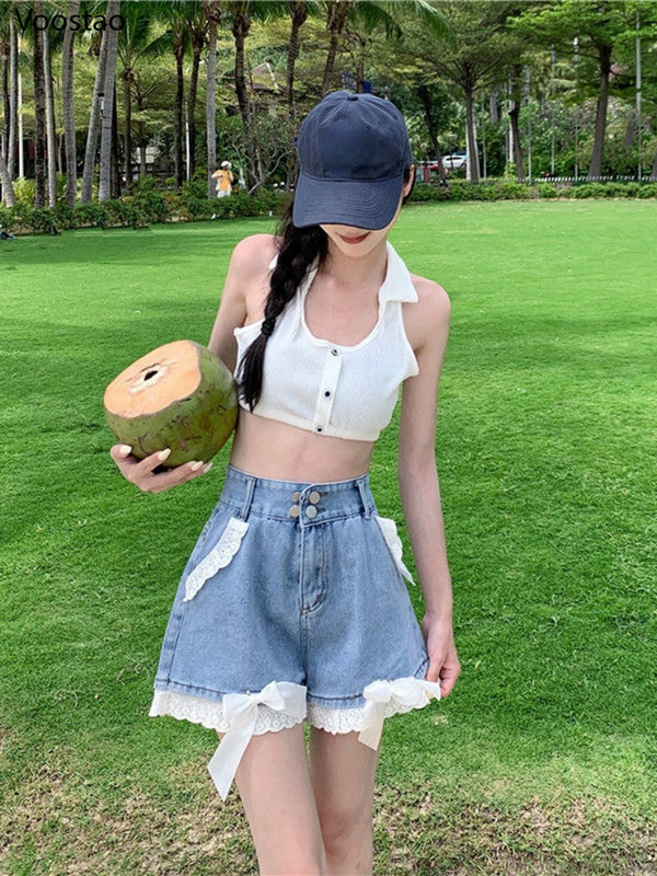 Slatke čipkane traper kratke hlače širokih nogavica Ljetne ženske chic visokog struka Kawaii Lolita mašna Široke kratke hlače Ženske seksi ležerne Y2K traperice