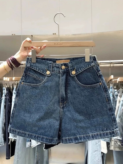 Nyári női új széles szárú farmer rövidnadrág magas derekú mandzsettázott A-vonalú kék ötpontos farmer rövidnadrág Y2K ruhák