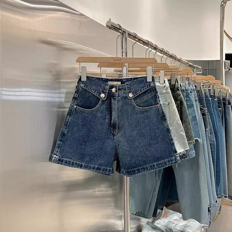 Nyári női új széles szárú farmer rövidnadrág magas derekú mandzsettázott A-vonalú kék ötpontos farmer rövidnadrág Y2K ruhák