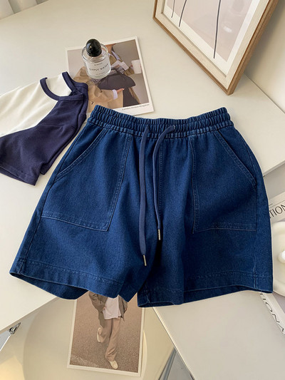 Ljetne traper kratke hlače Modne ženske jednobojne kratke traperice s elastičnim strukom Ležerne hlače Vintage džepovi Široke traper hlače za plažu