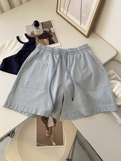 Ljetne traper kratke hlače Modne ženske jednobojne kratke traperice s elastičnim strukom Ležerne hlače Vintage džepovi Široke traper hlače za plažu