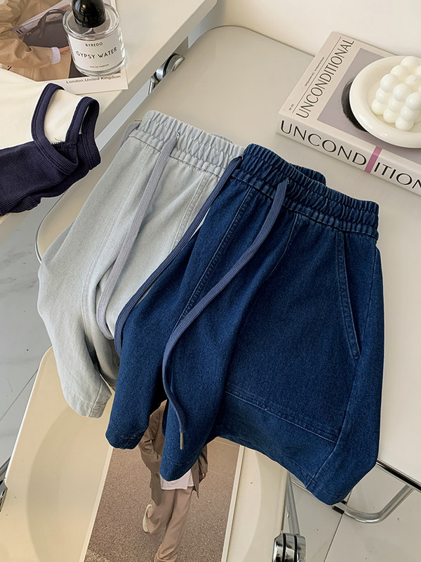 Ljetne traper kratke hlače Modne ženske jednobojne kratke traperice s elastičnim strukom Ležerne hlače Vintage džepovi Široke traper hlače za plažu