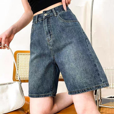 Xpqbb Traper kratke hlače do koljena Ženske vintage plave široke ravne kratke hlače visokog struka Ženske korejske jednostavne divlje klasične kratke traperice